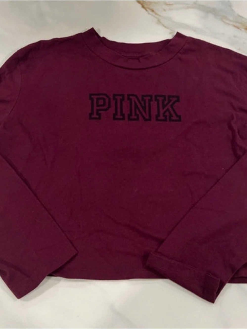 PINK Victoria's Secret Long Sleeve Logo Tee in Deep Burgundy